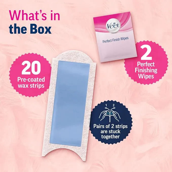 Veet Full Body Waxing Kit For Sensitive Skin - 20 Strips (10 Double Sided) with Almond Oil