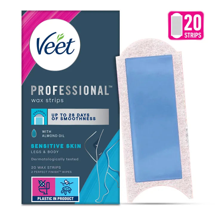 Veet Full Body Waxing Kit For Sensitive Skin - 20 Strips (10 Double Sided) with Almond Oil