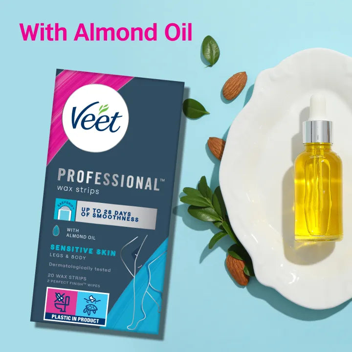 Veet Full Body Waxing Kit For Sensitive Skin - 20 Strips (10 Double Sided) with Almond Oil