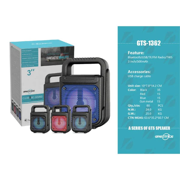 GREATNICE GTS-1361 Wireless Speaker Bluetooth Portable Speaker with LED Light, USB, FM & AUX Support