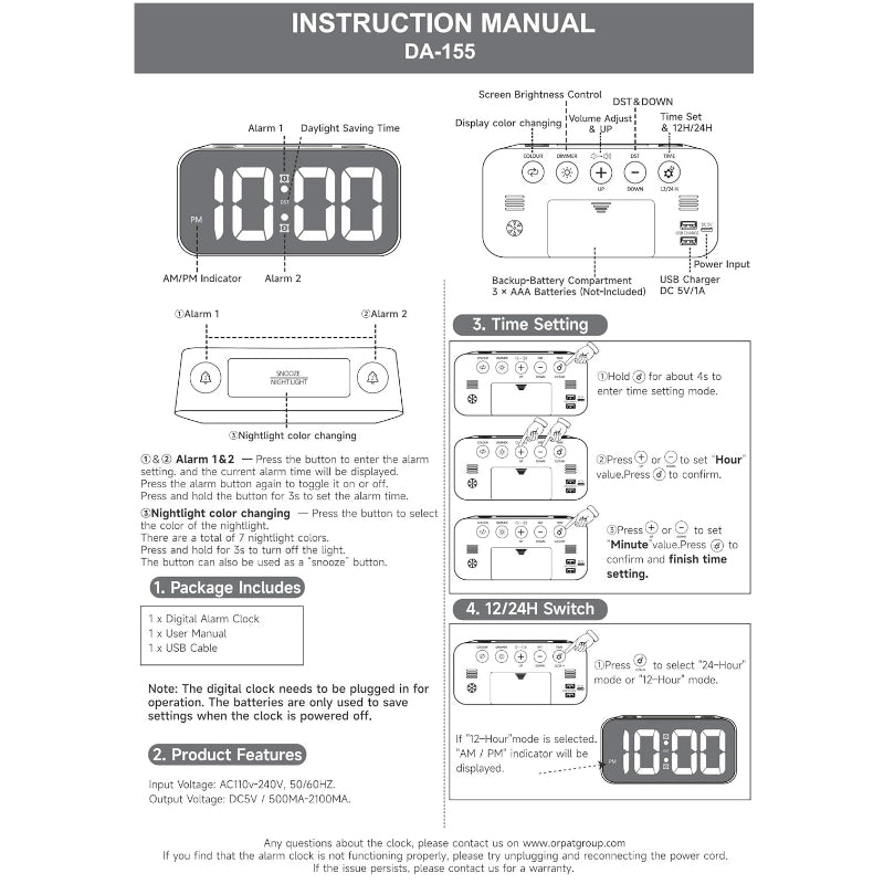Ajanta 7-Inch LED Table Clock with USB & Night Light