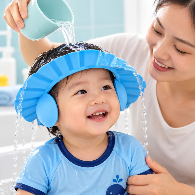 Adjustable Baby Shampoo Shower Cap with Ear Covers | Kids Hair Washing Visor – Blue, Yellow & Pink