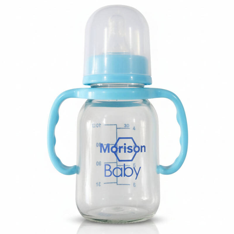 Morison Baby Glass Feeding Bottle with Dual Handles – 120ml | Pink & Blue