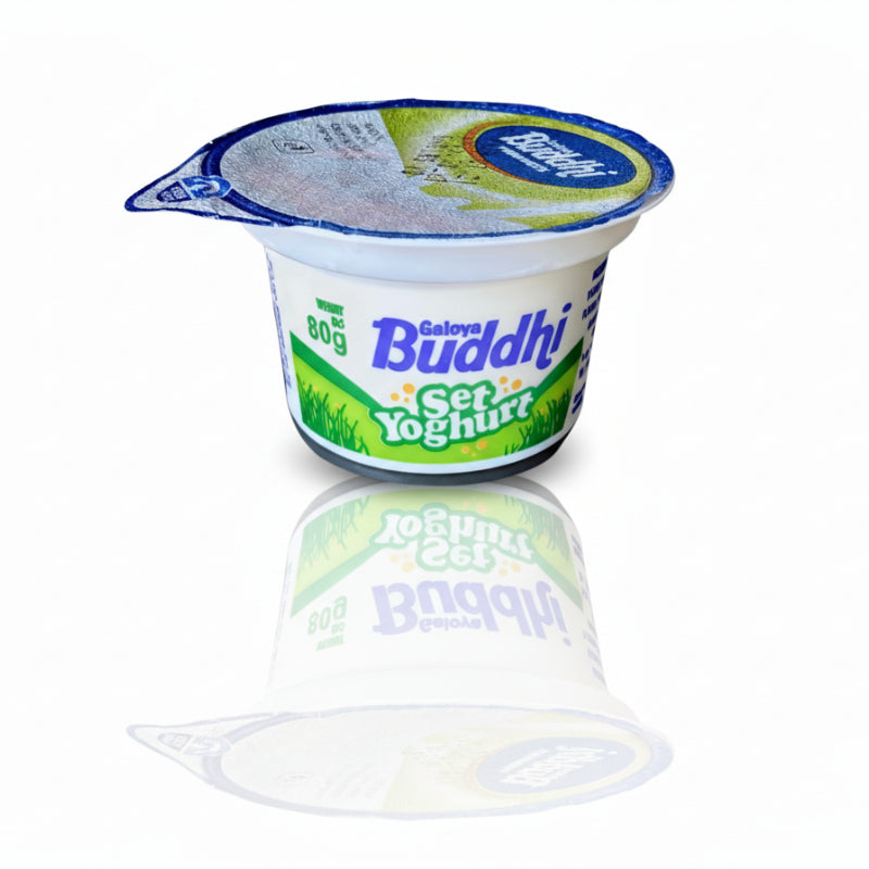 Yogurt container with 'Buddhi' branding on a white background