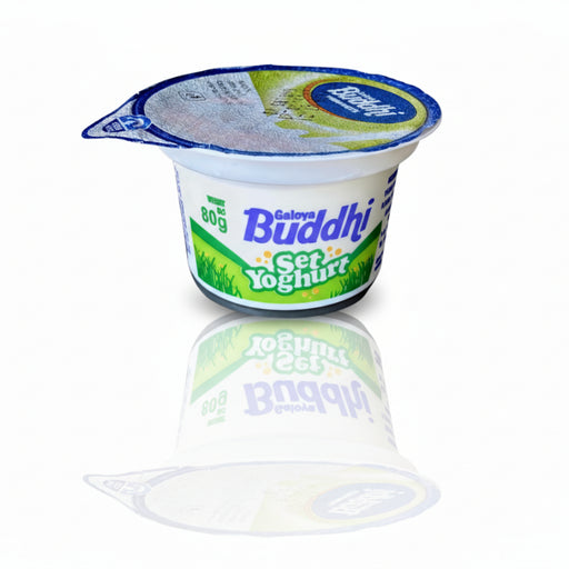 Yogurt container with 'Buddhi' branding on a white background