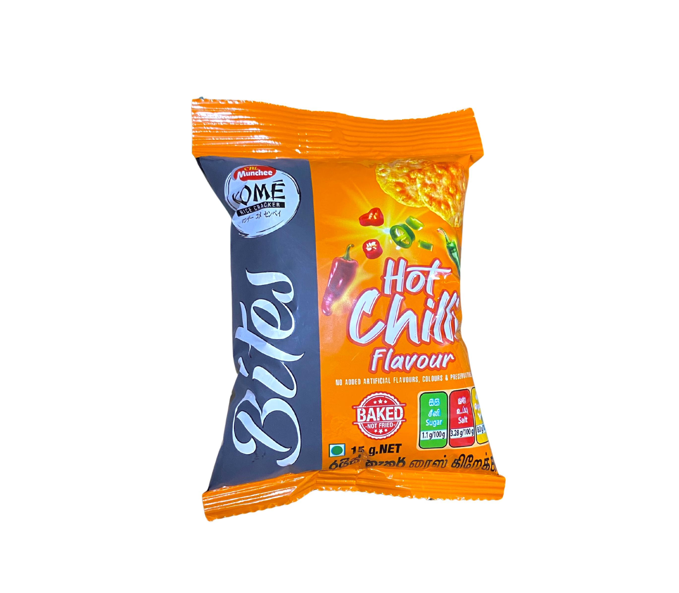 மஞ்சி கோம் ரைஸ் கிராக்கர் பைட்ஸ் ஹாட் சில்லி ஃபிளேவர் - 15 கிராம்