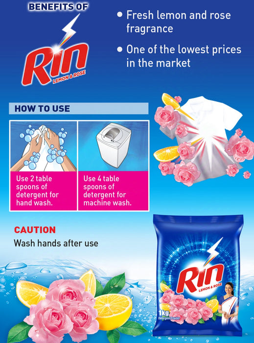 Rin Refresh Lemon and Rose Detergent Powder - 1kg