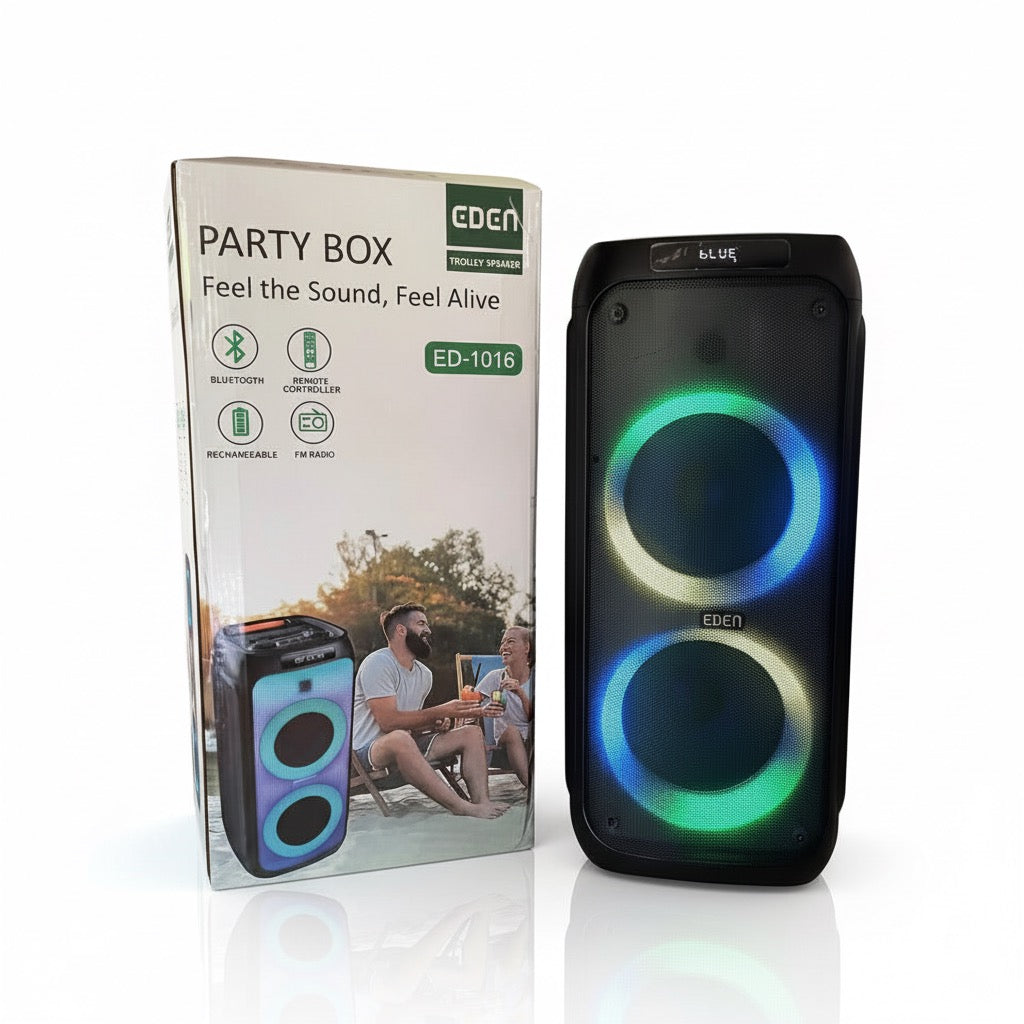 EDEN ED-1016 பார்ட்டி ஸ்பீக்கர் போர்ட்டபிள் 120W புளூடூத் ஸ்பீக்கர், 10" வூஃபர் &amp; 2 வயர்லெஸ் மைக்குகள்