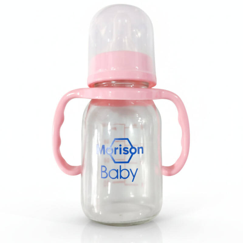 Morison Baby Glass Feeding Bottle with Dual Handles – 120ml | Pink & Blue
