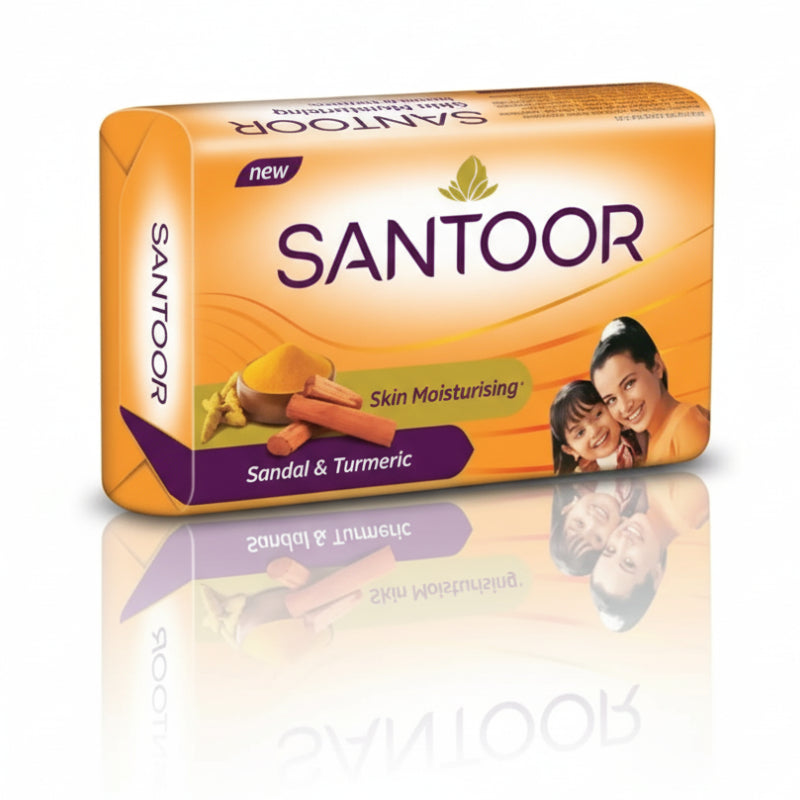 Santoor soap bar packaging with sandal and turmeric ingredients on a white background