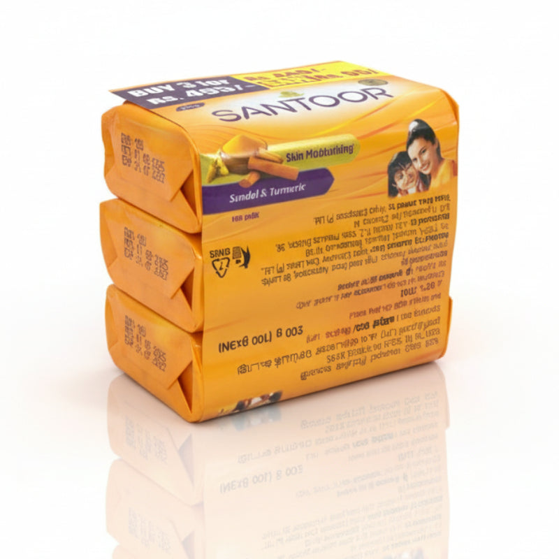 Three bars of Santoor soap stacked on a white background