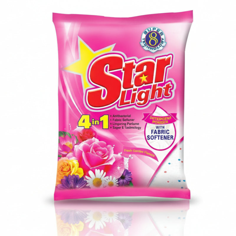 Star Light laundry powder packaging with floral designs on a white background