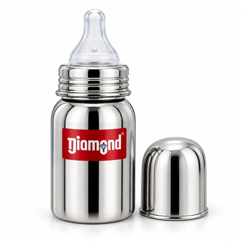 Diamond Stainless Steel Baby Feeding Bottle with Silicone Teat – 150ml & 220ml