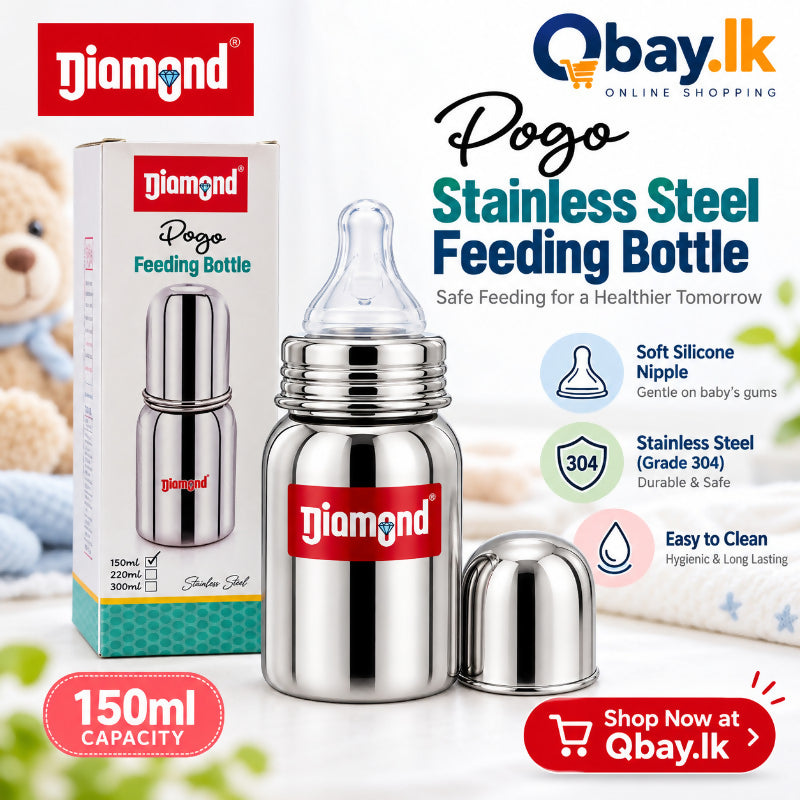 Diamond Stainless Steel Baby Feeding Bottle with Silicone Teat – 150ml & 220ml