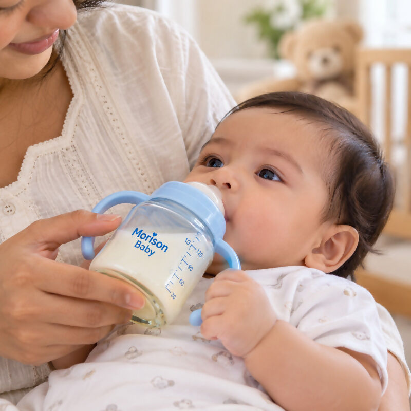 Morison Baby Glass Feeding Bottle with Dual Handles – 120ml | Pink & Blue