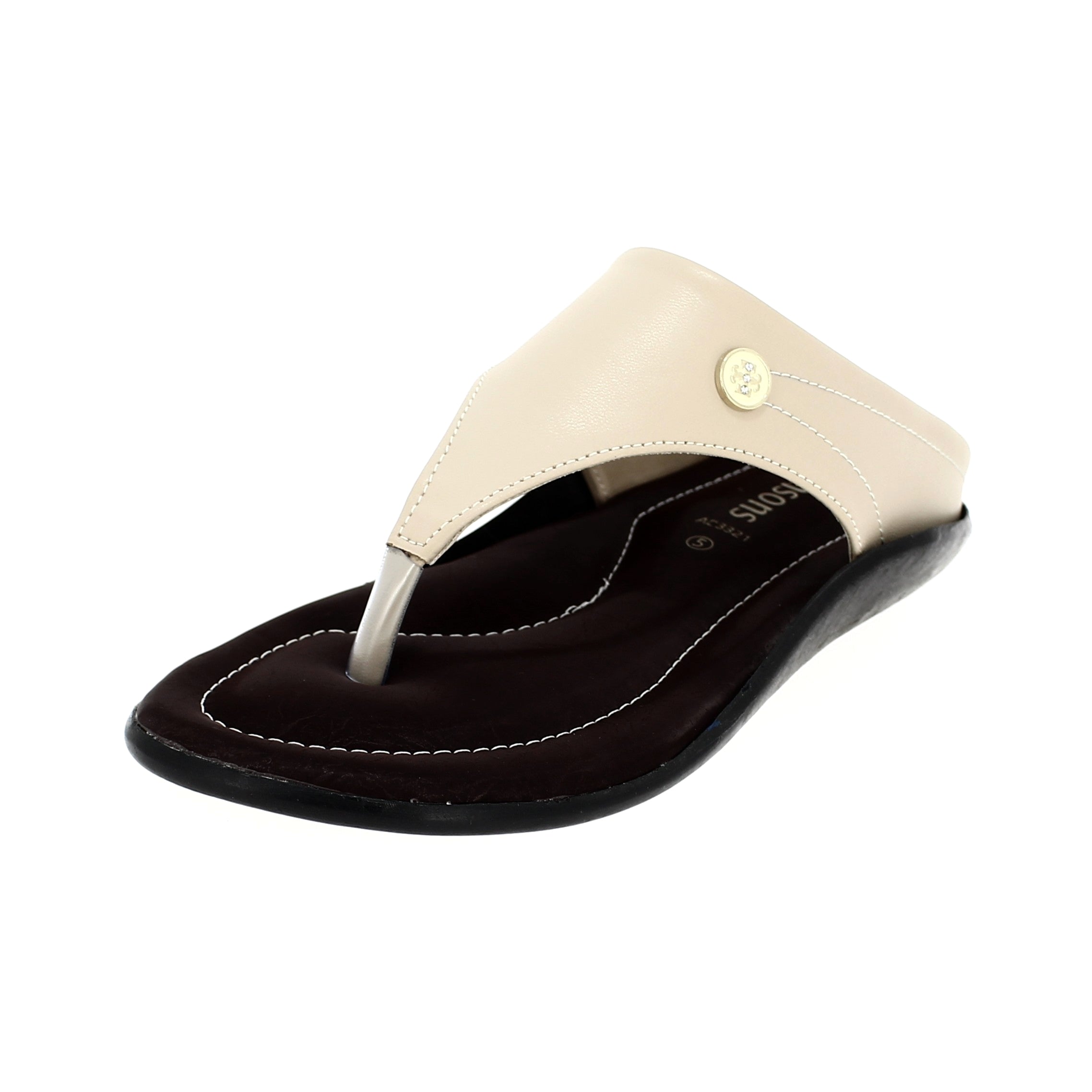 Samsons Women Casual T-Strap Slippers Beige