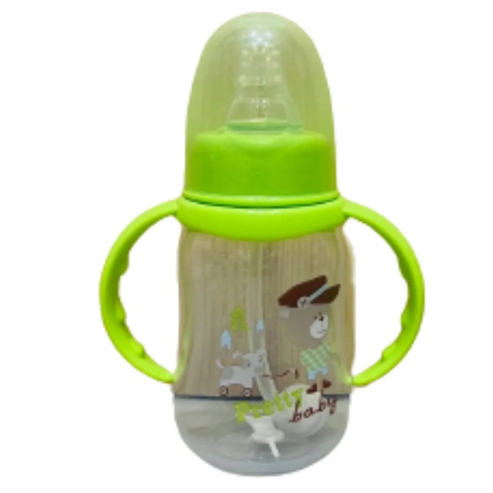 பிபிஏ அழகான குழந்தை இலவச இயற்கை உணவு பாட்டில் கைப்பிடியுடன் 150 மில்லி குழந்தை சாறு பால் தண்ணீர் ஊட்டுதல் டீட் பாட்டில்