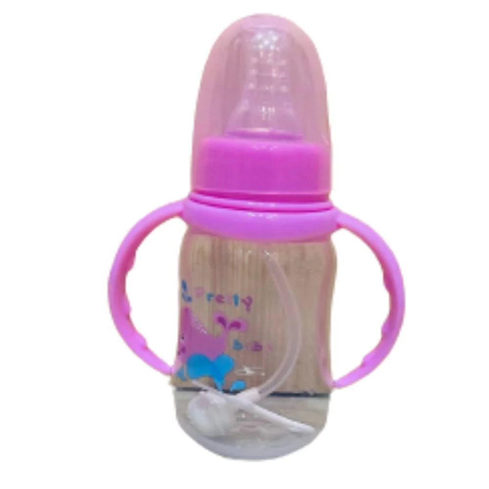 பிபிஏ அழகான குழந்தை இலவச இயற்கை உணவு பாட்டில் கைப்பிடியுடன் 150 மில்லி குழந்தை சாறு பால் தண்ணீர் ஊட்டுதல் டீட் பாட்டில்