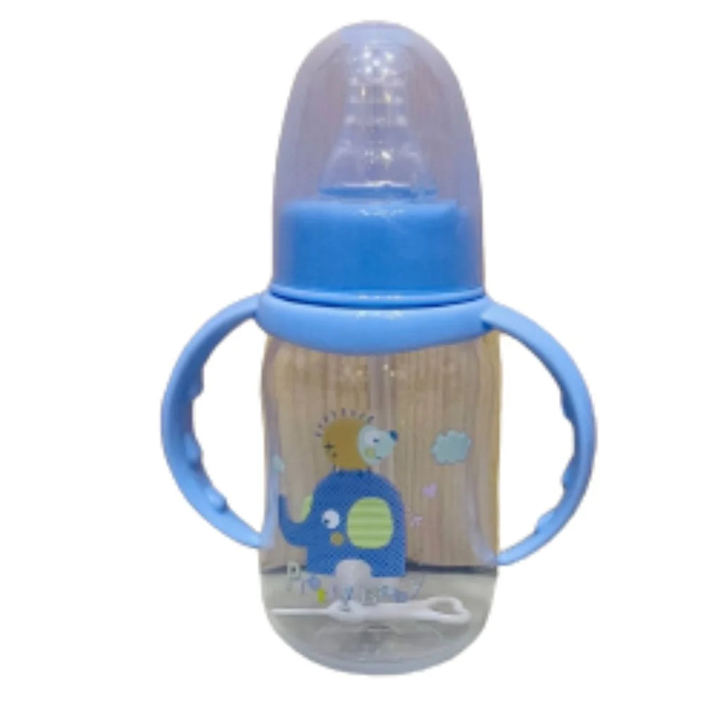 பிபிஏ அழகான குழந்தை இலவச இயற்கை உணவு பாட்டில் கைப்பிடியுடன் 150 மில்லி குழந்தை சாறு பால் தண்ணீர் ஊட்டுதல் டீட் பாட்டில்